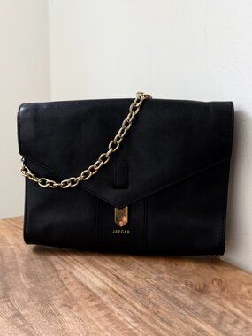 Vintage JAEGER London Black Smooth Leather Envelope Clutch Shoulder Bag Gold Cha